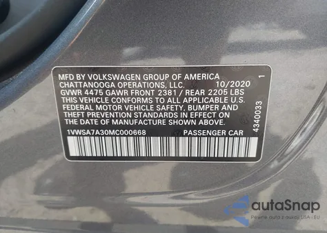 2021 Volkswagen Passat 2.0T Se из США, поврежденный, VIN 1VWSA7A30MC000668